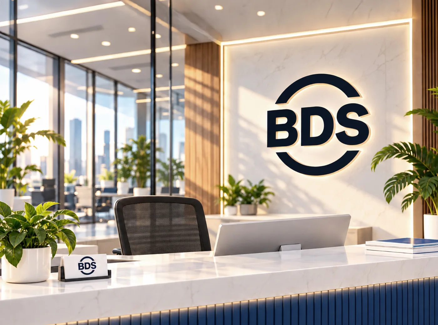 BDS 로고가 걸린 비디에스 사무실 접수 데스크