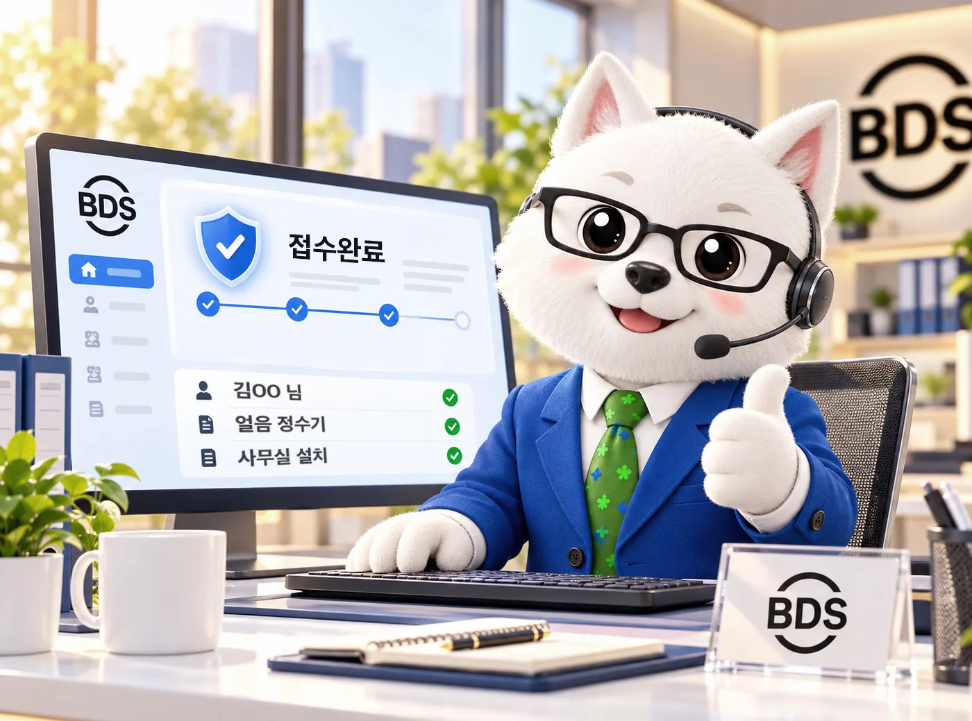 접수 완료 화면 앞에서 엄지를 든 비디에스 상담 캐릭터